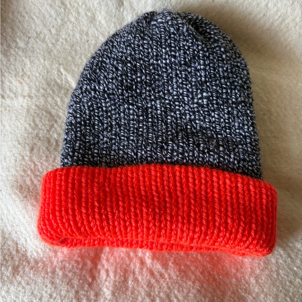 Kids Knit Beanie - Black and Neon Orange